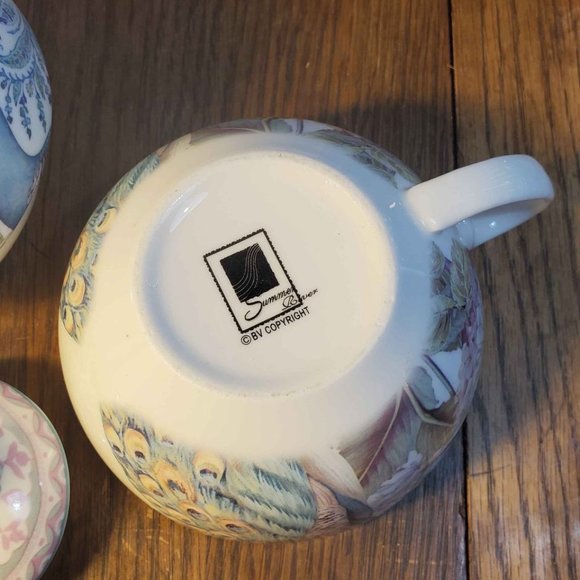SUMMER RIVER Tea for One TEAPOT W/ TASSEL CUP LID Peacock Floral Porcelain 6 in - Picture 10 of 10